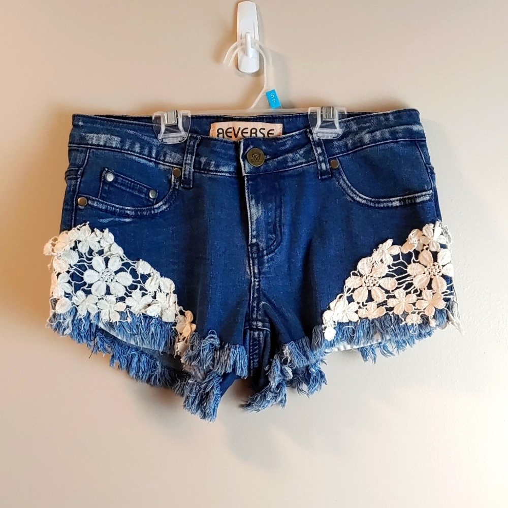 🛍️Reverse Denim Shorts with Lace Appliques